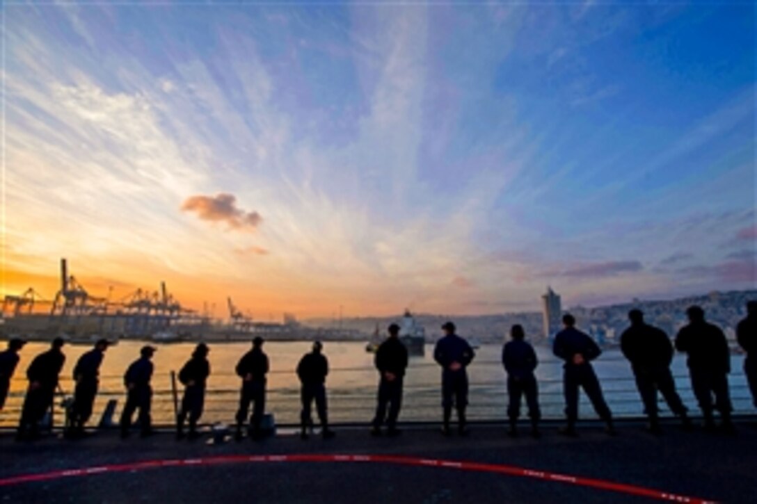 U.S. sailors man the rails aboard the guided-missile destroyer USS Stout as the ship prepares for a scheduled port visit in Haifa, Israel, Jan. 19, 2014. The Stout is on a scheduled deployment supporting maritime security operations and theater security cooperation efforts in the U.S. 6th Fleet area of responsibility.