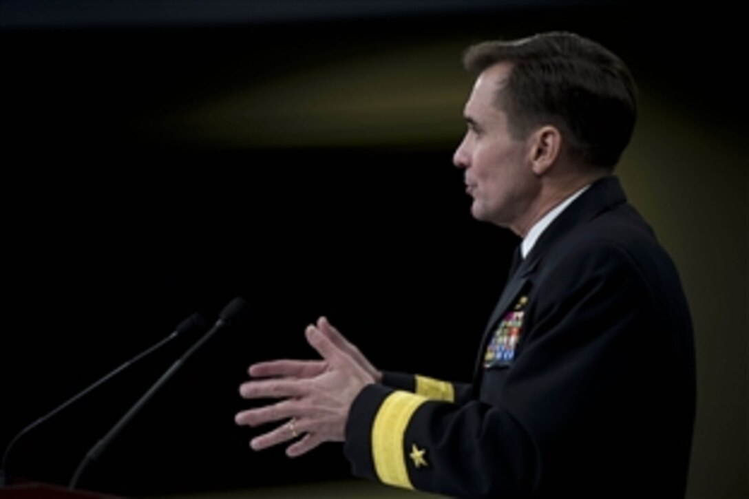 Pentagon Press Secretary Navy Adm. John Kirby briefs reporters at the Pentagon, Jan. 23, 2014. Kirby said Defense Secretary Chuck Hagel has directed a review of U.S. strategic nuclear deterrence forces and their ability to carry out their mission to ensure trust and confidence in the nation’s nuclear force.