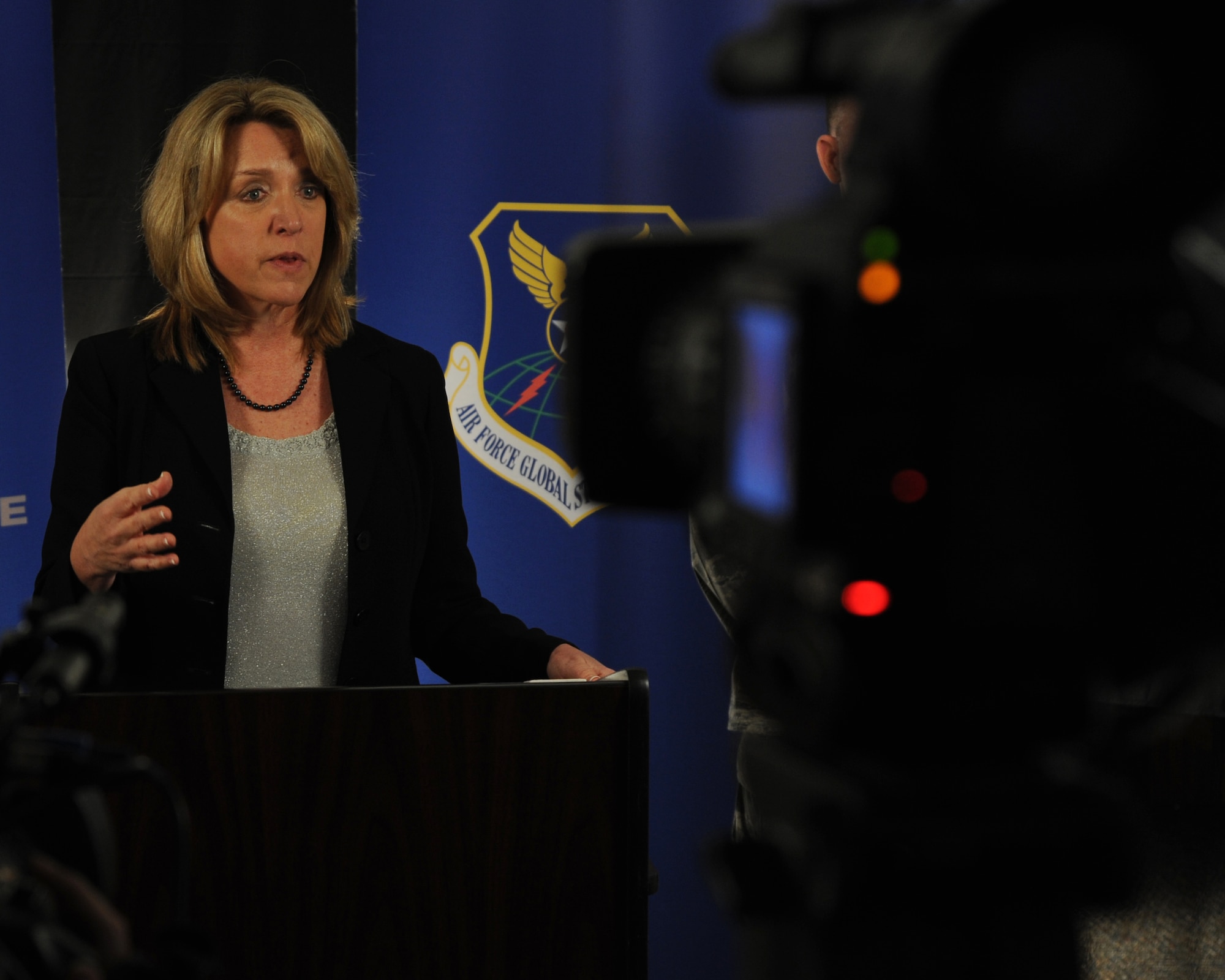 Secretary of the Air Force Deborah Lee James answers questions during an interview Jan. 23, 2014, at Barksdale Air Force Base, La. James held a media opportunity with local media following an all-call to address recent issues in the command's missile crew force. (U.S. Air Force photo/Airman 1st Class Jannelle Dickey)