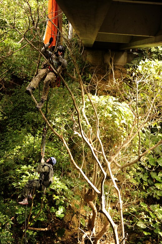 Staff Sgt. Joshua Cunningham rappels from a bridge to save Staff Sgt. George Reed from a simulated parachute catch during element leader upgrade training Jan. 22, 2014, on Kadena Air Base, Japan. Pararescuemen frequently train in a multitude of rescue scenarios in order to be prepared for any environment or situation and maintain proficiency. Cunningham and Reed are pararescueman with the 31st Rescue Squadron. (U.S. Air Force photo/Senior Airman Maeson L. Elleman)