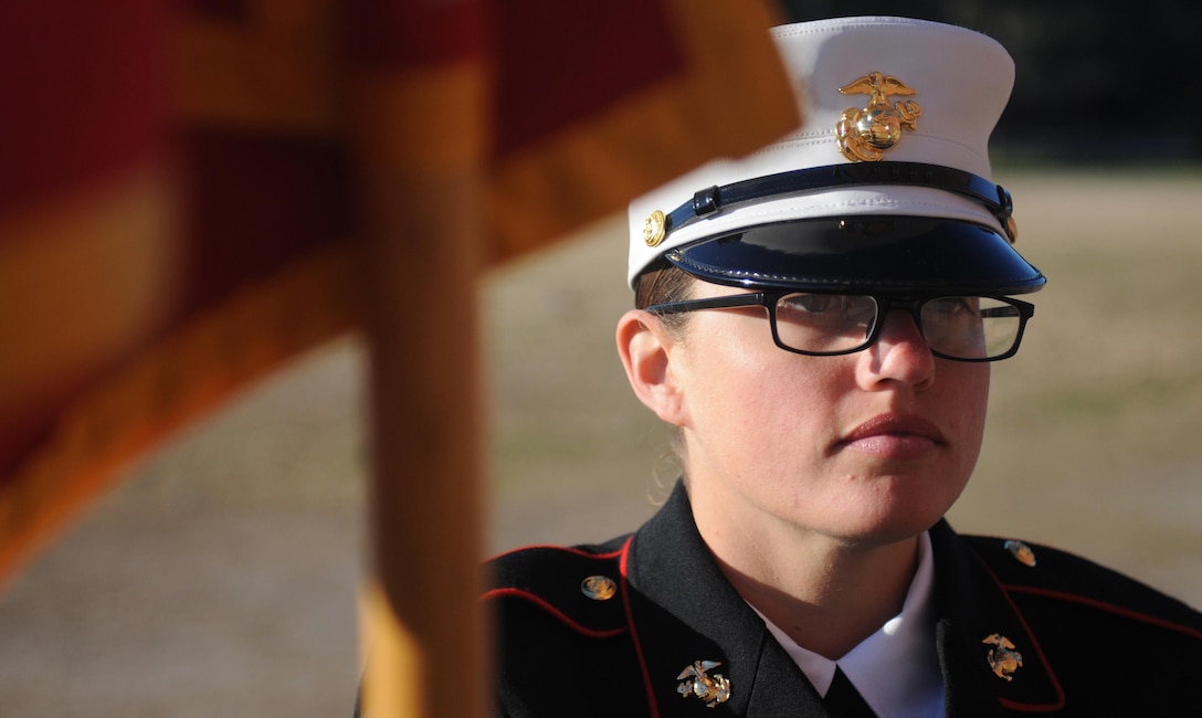 PARRIS ISLAND, S.C. - Pfc. Lindsay M. Page, honor graduate for platoon 4002, stands at parade rest before graduation here, Jan. 24, 2014. Page, a native of Boca Raton, Fla. was recruited by Sgt. Alvaro A. Soto, a recruiter from Recruiter Substation Margate, Recruiting Station Ft. Lauderdale. Page was presented the honor graduate award for platoon 4002 in recognition of high endeavor and superior accomplishment while undergoing recruit training at the Marine Corps Recruit Depot. (U.S. Marine photo by Lance Cpl. Stanley Cao)