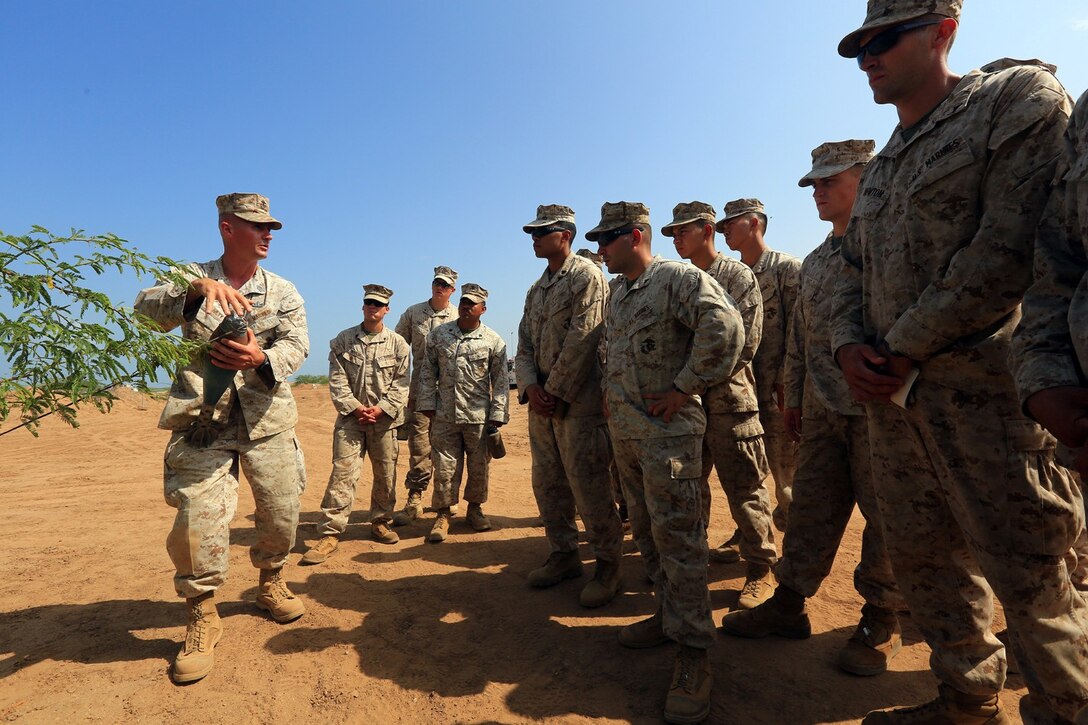 CAMP LEMONNIER, DJIBOUTI (Jan. 10, 2014)  – U.S. Marine Corps Gunnery Sgt. Patrick Hilty, staff noncommissioned officer-in-charge of Explosive Ordnance Disposal Detachment, 13th Marine Expeditionary Unit, explains how a projectile can be used as an improvised explosive device (IED) during counter IED training at Camp Lemonnier, Djibouti Jan. 10, 2014. Approximately 50 Marines assigned to Charlie Company, 13th MEU completed counter IED training, which covered a wide variety of techniques to defeat enemy IEDs. The 13th MEU is deployed with the Boxer Amphibious Ready Group as a theater reserve and crisis response force throughout the U.S. 5th Fleet area of responsibility.  (U.S. Marine Corps photo by Staff Sgt. Matt Orr/Released)