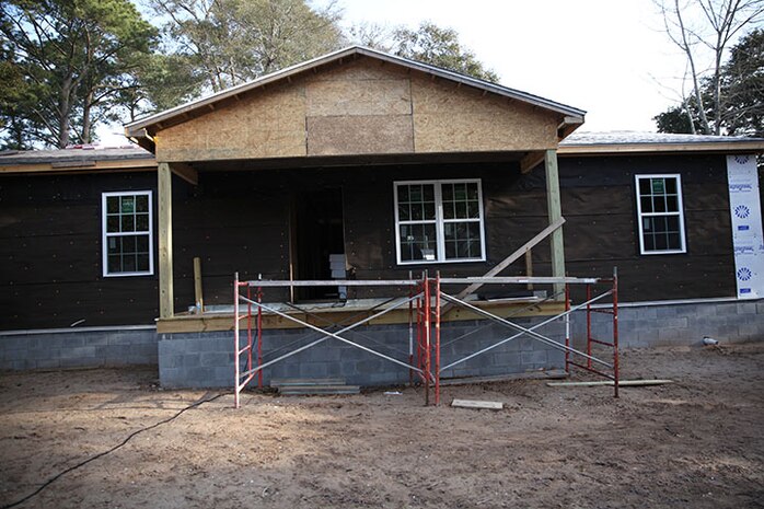 A Cape Carteret, N.C. home that is being constructed in tandem by Marines with Alpha Company, 8th Engineer Support Battalion, 2nd Marine Logistics Group and Habitat for Humanity International lies in wait prior to the day’s work, Jan. 23, 2014. Marines with Alpha Co. work on the house every Tuesday and Thursday. (U.S. Marine Corps photo by Lance Cpl. Shawn Valosin)