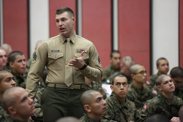 Sgt. Michael R. Harrison, academic instructor, Instructional Training Company, teaches recruits of Company D, 1st Recruit Training Battalion, the importance of the UCMJ aboard the depot, Jan. 17.