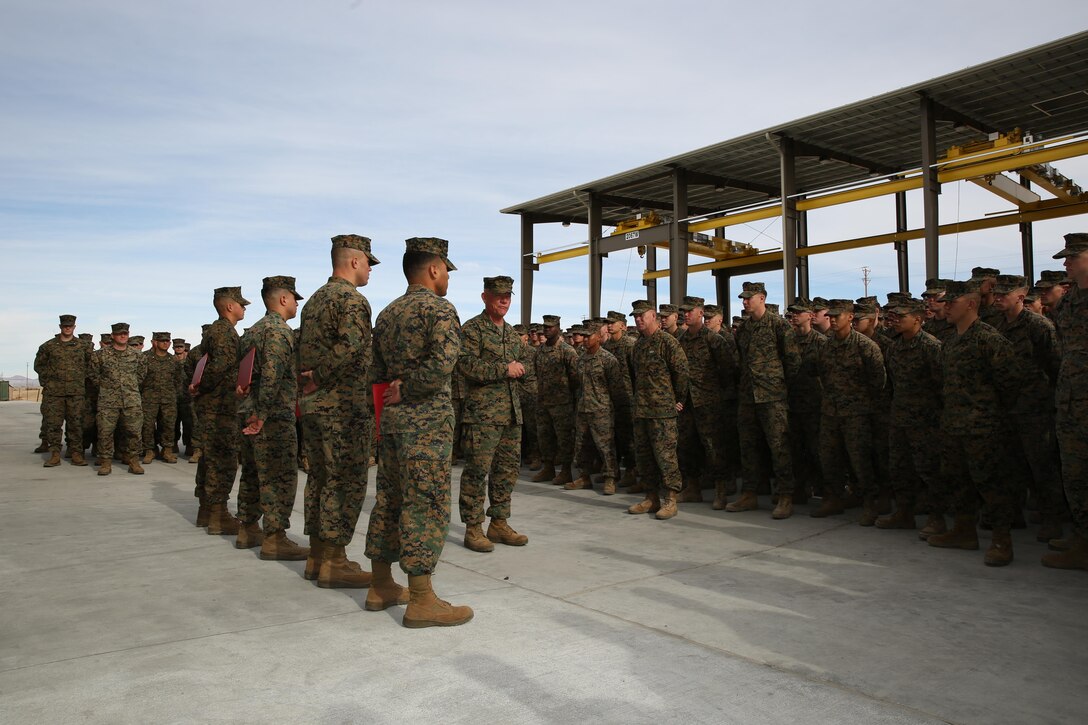 Maj. Gen. Larry Nicholson, commanding general, 1st Marine Division, speaks to Marines with 1st Tank Battalion after a select few received combat-related medals at the unit’s tank ramp, Jan. 21, 2014. Nicholson presented the Navy and Marine Corps Medal to Cpl. Matthew Gonzales, Company A, 1st Tanks, and Sgt. Asturo Zavala Jr., Co. A, 1st Tanks. Nicholson also presented a Bronze Star to Capt. Christopher Ashinhurst, Company D, 1st Tanks, and a Purple Heart to Sgt. Fredy Esquivel, Company C, 1st Tanks.


