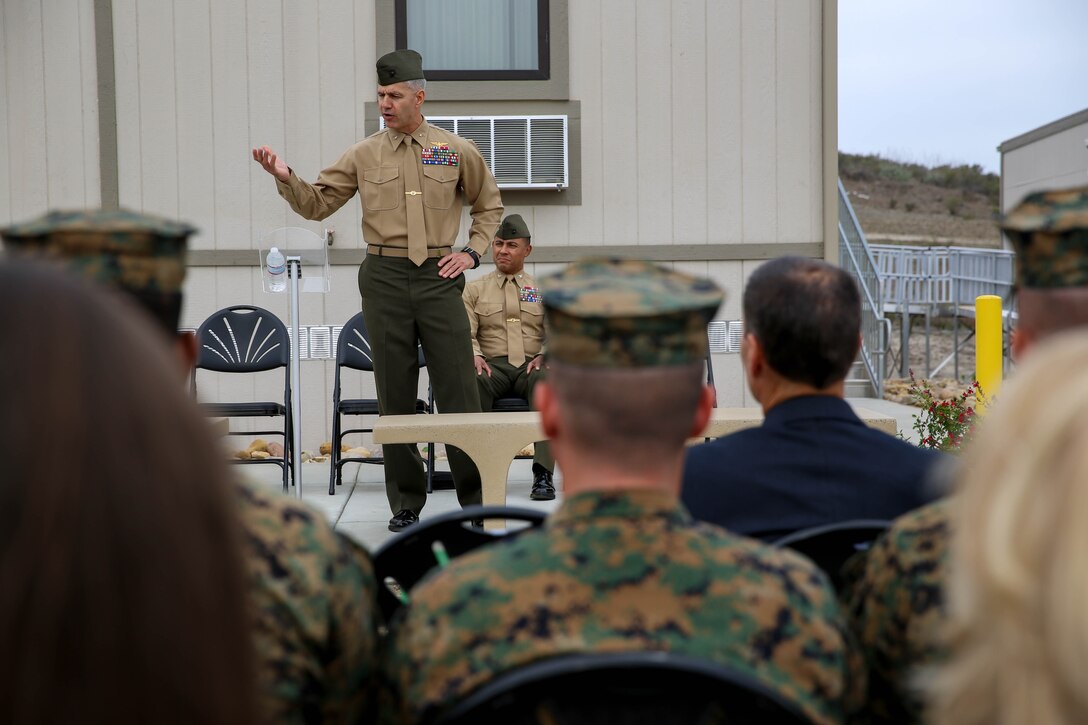 Brig. Gen John W. Bullard speaks to an audience about the importance of mental health, during a ribbon cutting ceremony for Pendleton's newest Community Counseling Center Jan. 24. The Marine Corps is working to provide an integrated behavioral health system so that service members and their families receive prevention services as well as treatment services for their behavioral health needs on base, free of charge, when they need it most. Bullard is the commanding general of Marine Corps Installations West-Marine Corps Base Camp Pendleton.