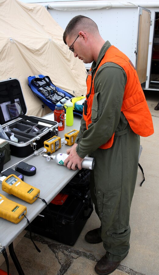 Sgt. John Anderson, firefighter with Aircraft Rescue and Firefighting and also operations chief for the exercise, calibrates metering equipment during a practical application portion of a hazardous materials course at the Explosive Ordnance Disposal complex aboard Marine Corps Air Station Miramar, Calif., Jan. 24. Marines taking the course learn extensively about their equipment, how to calibrate it, work it and properly operate it to be effective.