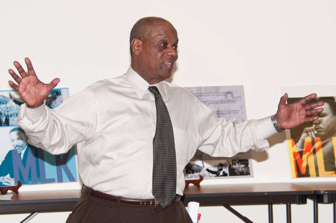 A.R. Smith, SPN chief of Safety and Occupational Health, shares his experiences of joining the Army in 1964, at the age of 18, and the civil rights challenges he faced during his 21 year military career at an event to commemorate the legacy of Dr. King Jan. 22.