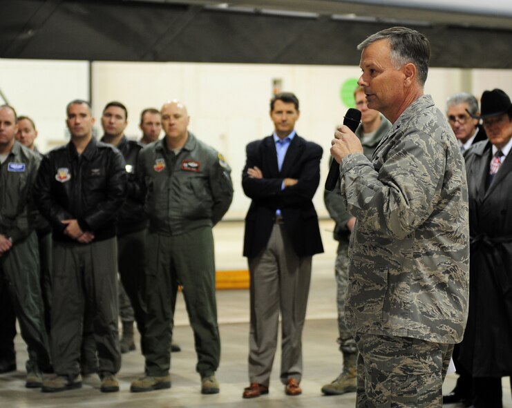 U.S. Air Force Brig. Gen. Glen VanVerck, 7th Bomb Wing commander, speaks during the B-1 Integrated Battle Station ceremony Jan. 24, 2014 at Dyess Air Force Base, Texas. The IBS is a combination of three different upgrades which include a Fully Integrated Data Link, a Vertical Situation Display Upgrade and a Central Integrated System Upgrade. These upgrades will enable the B-1 to grow and keep pace with newer platforms that the aircraft will be working with. (U.S. Air Force photo by Senior Airman Kia Atkins/Released)
