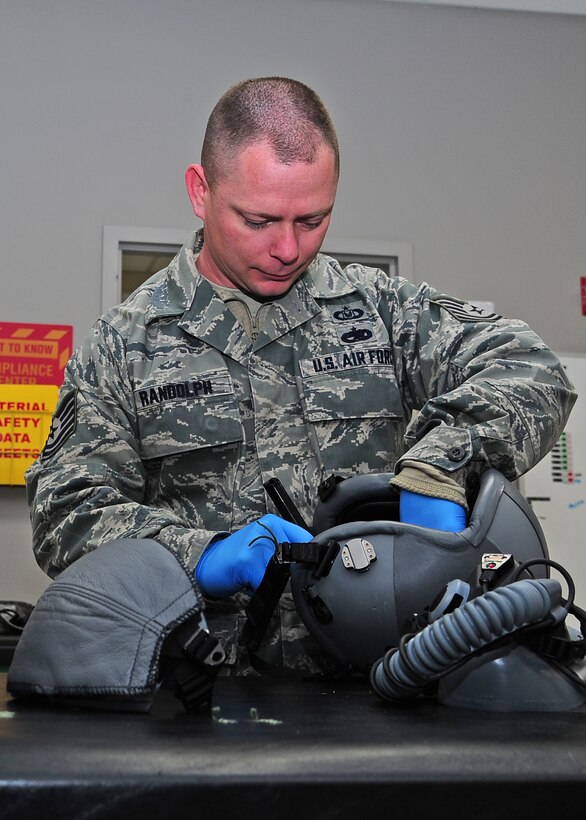 Tech. Sgt. Jeffery Randolph, 14th Operations Support Squadron, performs a quality control inspection on a helmet in the Aircrew Flight Equipment room in the T-6 squadron. The equipment must be inspected every 30 days to ensure the safety of flight.  (U.S. Air Force Photo/Airman 1st Class Stephanie Englar)