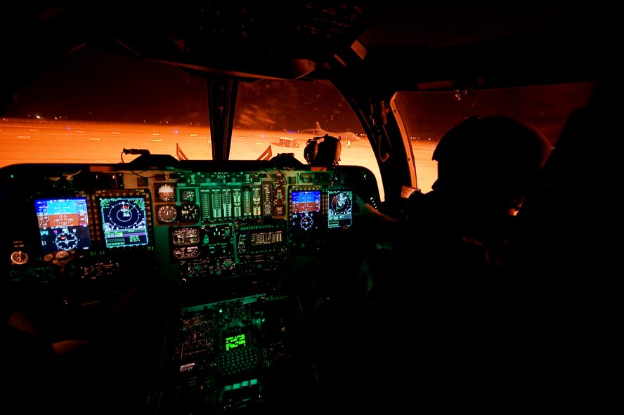 U.S. Air Force Lt. Col. Steven Myers, B-1B Lancer pilot, completes a flight in the first newly upgraded operational B1-B Lancer Jan. 21, 2014, at Dyess Air Force Base, Texas. The B-1B Lancer was recently upgraded with an Integrated Battle Station. The IBS program is the largest B-1B Lancer modifications in history. The three-part modification begins with the installation of the Integrated Battle Station and upgrades to cockpit displays, improved diagnostics and a fully integrated data link. With the integration of these upgrades, the B-1 will provide combatant commanders a highly effective tool to sustain air power through the fruition of a next-generation bomber. These upgrades ensure the B-1B Lancer remains a capable and ready air power asset when called on through its scheduled 2040 service life. (U.S. Air Force photo by Staff Sgt. Richard Ebensberger/Released)