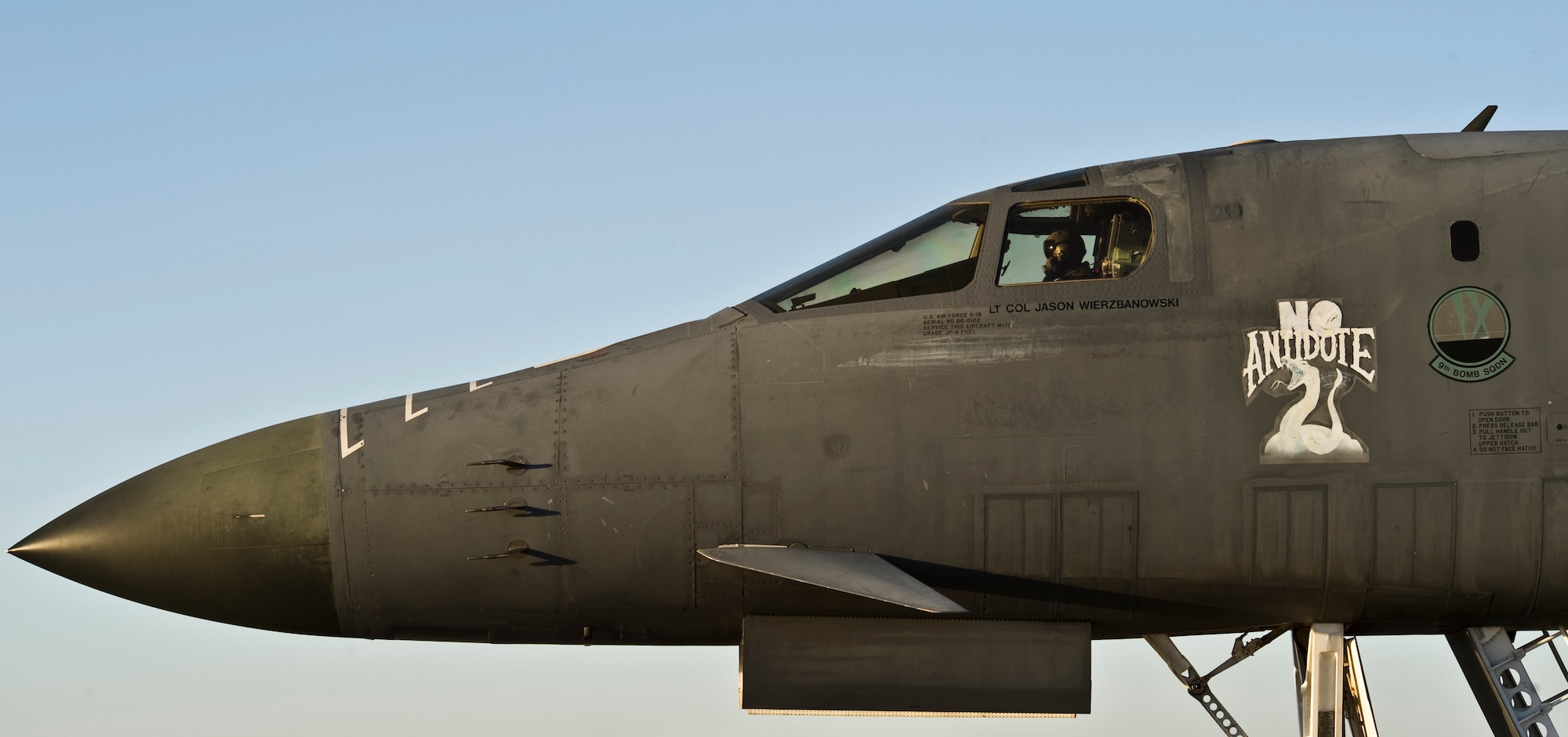 The first newly upgraded operational B1-B Lancer arrives Jan. 21, 2014, at Dyess Air Force Base, Texas. The B-1B Lancer was recently upgraded with a new Integrated Battle Station. The IBS is a combination of three different upgrades, which include a Fully Integrated Data Link, a Vertical Situation Display upgrade, and a Central Integrated System upgrade. These three modifications fall under the Integrated Battle Station initiative, which is slated to be installed concurrently through 2019. (U.S. Air Force photo by Staff Sgt. Richard Ebensberger/Released)