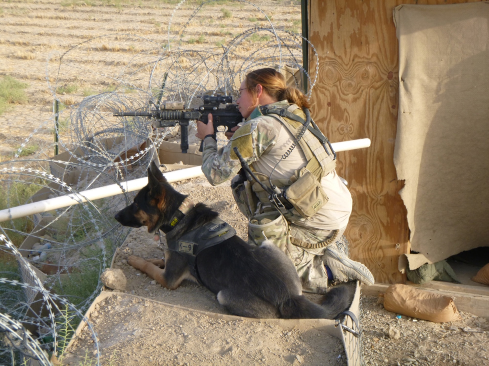 Staff Sgt. Erica McRell, 7th Security Forces Squadron military working dog trainer, was awarded the Bronze Star Medal Jan. 24, 2014, for her acts of heroism, merit and meritorious service she exhibited while deployed in Afghanistan. During deployment operations, McRell’s position was lead. She was responsible for locating and isolating improvised explosive devices. McRell and Jonny saved lives by finding more than 50 IEDs throughout southern Afghanistan. (Courtesy Photo)