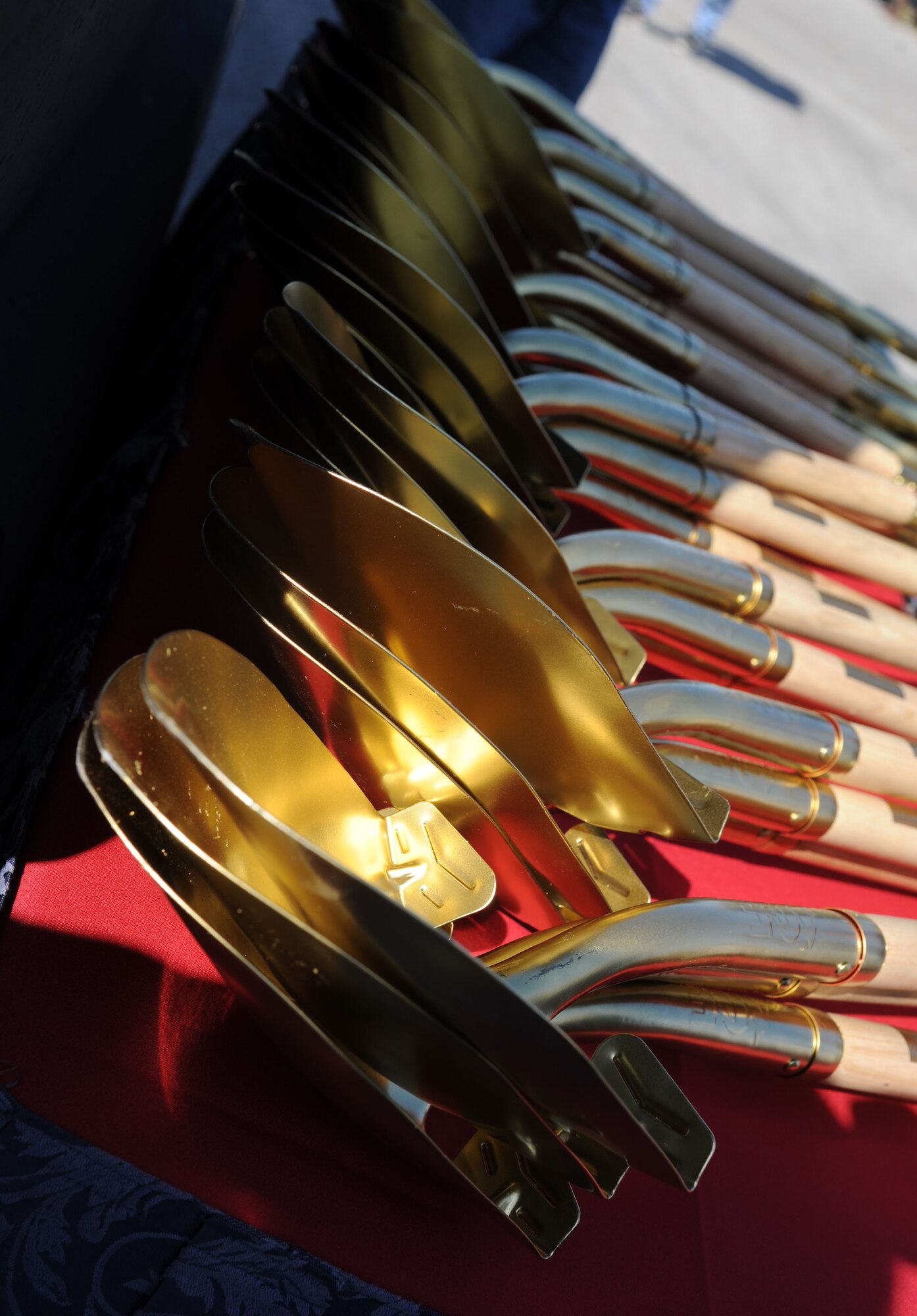 Gold-painted shovels sit on display during the Biloxi baseball stadium groundbreaking ceremony Jan. 23, 2014, at the corner of Caillavet Street and Highway 90, Biloxi, Miss.  The proposed completion date of the stadium is the beginning of the 2015 baseball season.  (U.S. Air Force photo by Kemberly Groue)