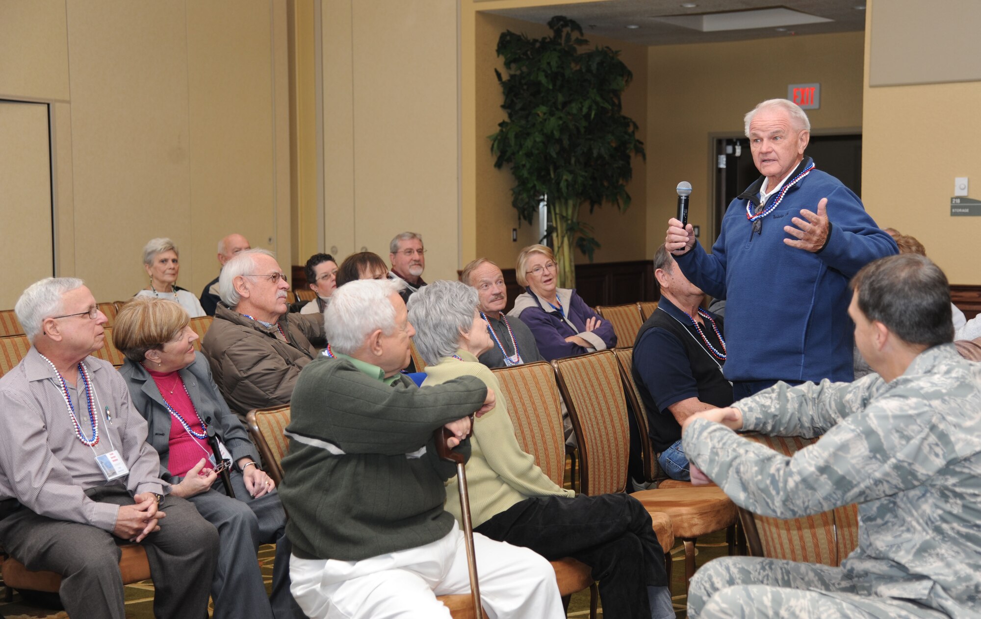 Retired Col. John Davis, former Keesler commander of the 3305th Training Squadron and the 335th Training Squadron, introduces himself during a reunion of former Keesler leaders Jan. 22, 2014, at the Bay Breeze Event Center, Keesler Air Force Base, Miss.  The reunion included leaders who were assigned to Keesler during Hurricane Elena.  (U.S. Air Force photo by Kemberly Groue)