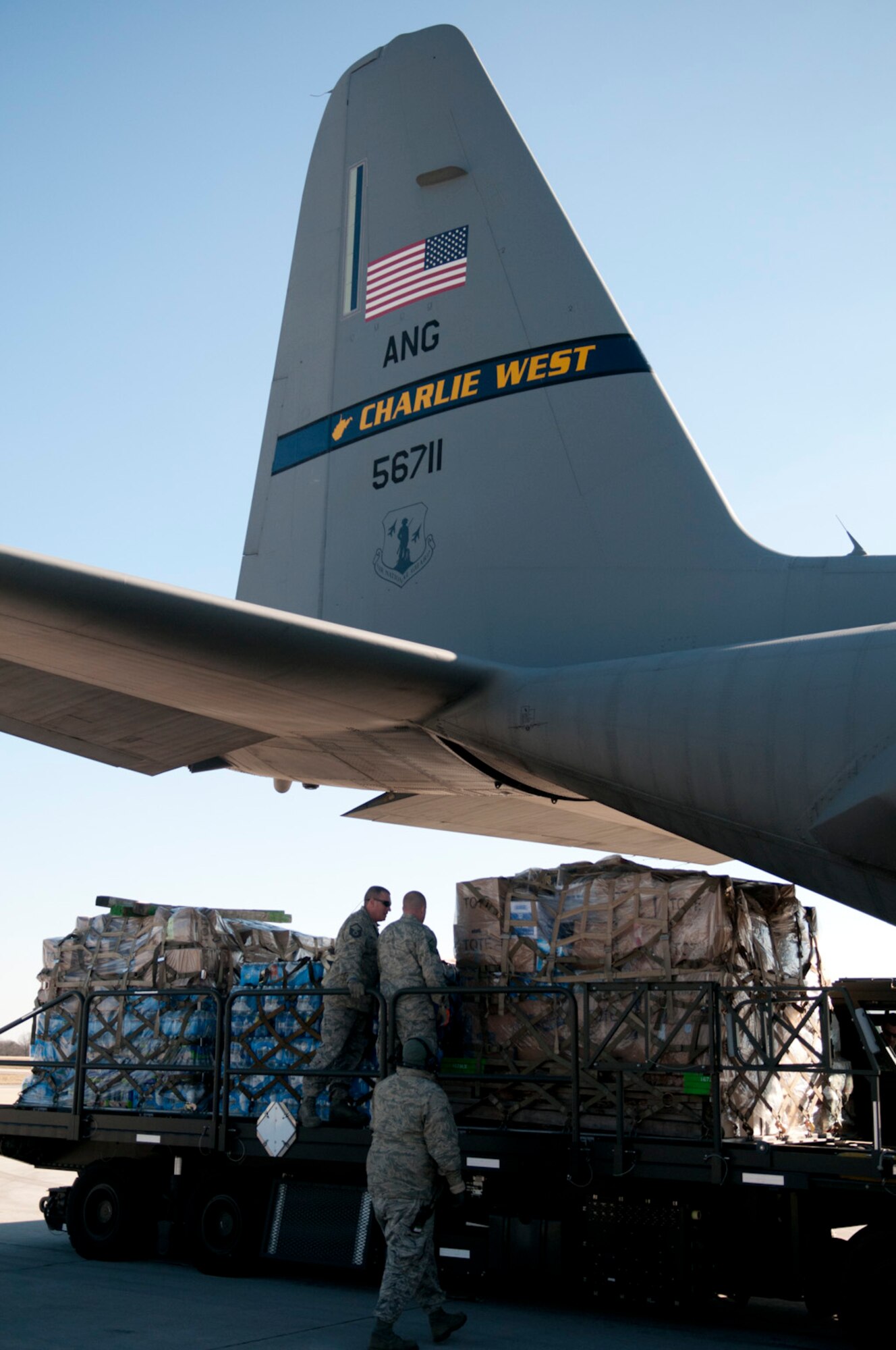 Airmen from the 167th Airlift Wing helped transport more than 60,000 pounds of donated supplies to Charleston, W.Va. for the 300,000 people left without drinking water in southern West Virginia. (Air National Guard photo by 2nd Lt. Stacy Gault)