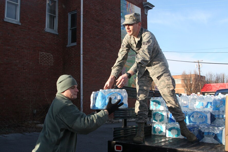 Airmen from the 167th Airlift Wing helped transport more than 60,000 pounds of donated supplies to Charleston, W.Va. for the 300,000 people left without drinking water in southern West Virginia. (Air National Guard photo by 2nd Lt. Stacy Gault)