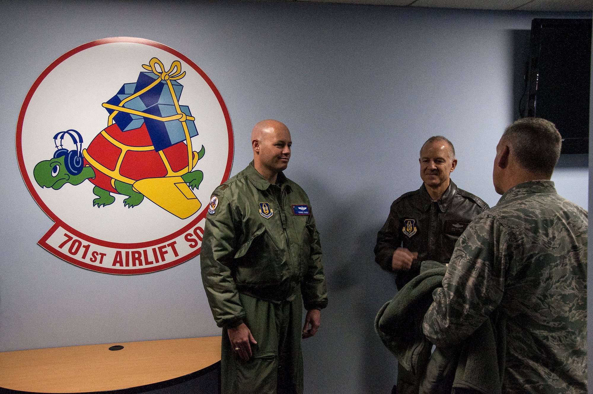 Brig. Gen. John C. Flournoy, Jr., 4th Air Force commander visited the 315th Airlift Wing at Joint Base Charleston Jan. 24 as part of an effort to get out and see the wing’s under his command. Here he meets with members of the 701st Airlift Squadron. (U.S. Air Force Reserve photo by Michael Dukes)