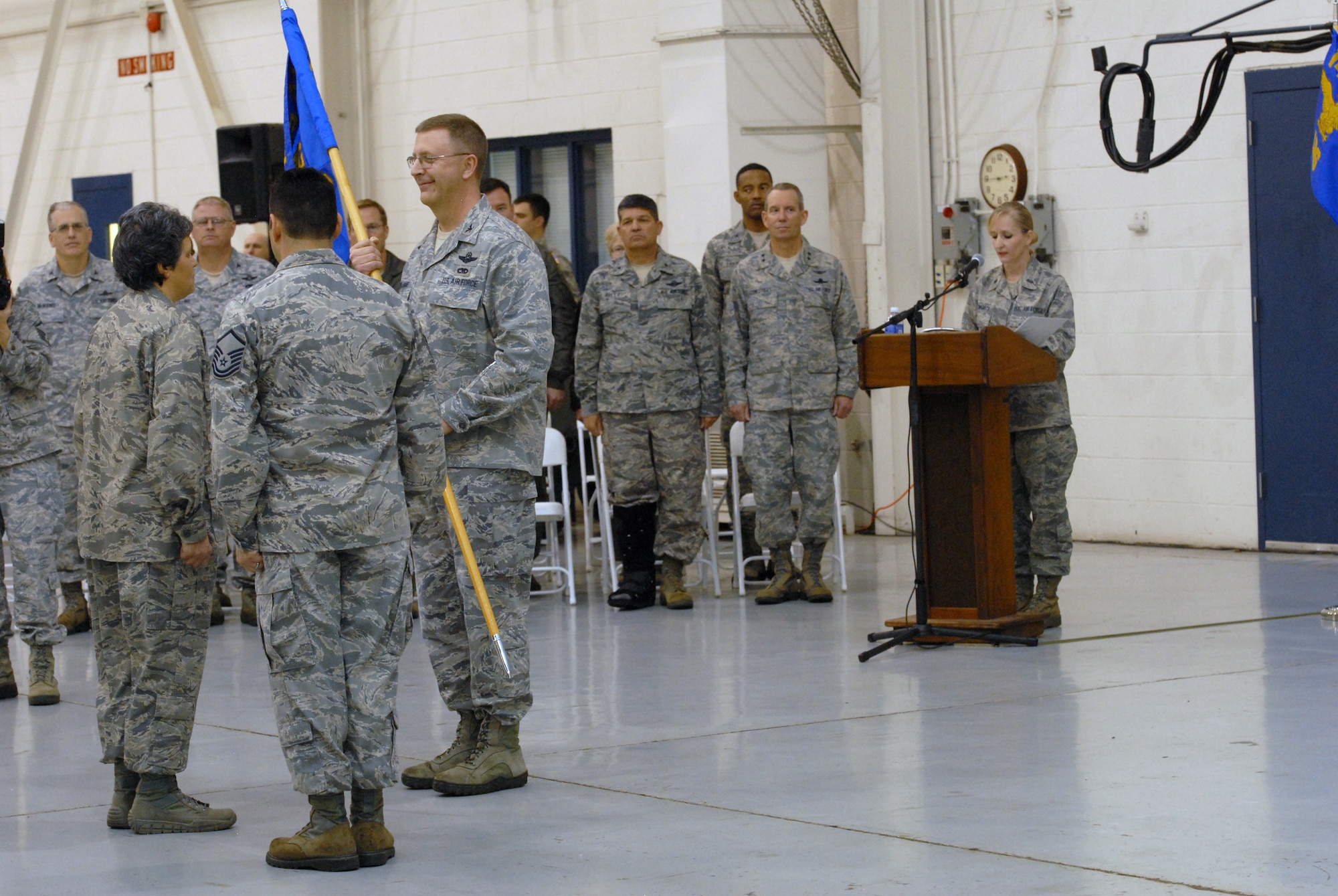 U.S. Air Force Col. Barbara Doncaster assumes command of the 145th Mission Support Group by accepting guidon from Col. Roger E. Williams, Jr., commander 145th Airlift Wing, during a Change of Command ceremony held at the North Carolina Air National Guard base, Charlotte-Douglas Intl. airport, Jan. 11, 2014. In addition to the men and women of the 145th AW, several leaders were also in attendance including Maj. Gen. Robert Stonestreet, ANG assistant to the commander, Air Force Space Command; Brig. Gen. Todd D. Kelly, N.C. assistant adjutant general- Air  and Col. Clarence Ervin, NCANG, Director of Staff - Air (U.S. Air National Guard photo by Senior Airman Laura Montgomery/Released)