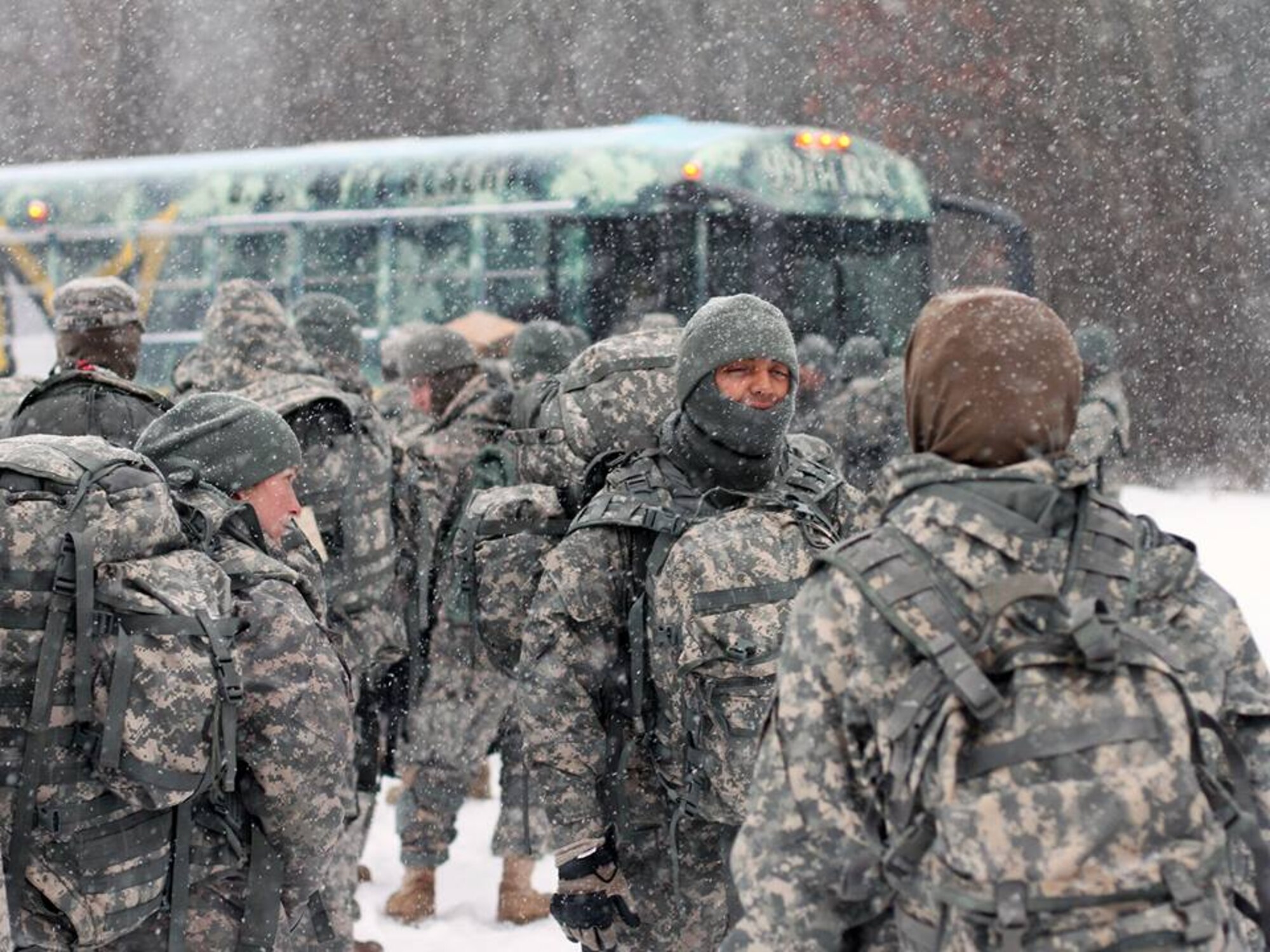 Soldiers participating in Warrior Exercise 78-14-01, conduct a real world evacuation from all Tactical Training Areas location on Joint Base McGuire-Dix-Lakehurst, N.J. Jan 21, 2014. A Winter Storm Warning impacting JBMDL, requires that all military personnel participating in WarEx seek proper shelter. (U.S. Army Photo by Sgt. Errol H. Cadet/Released)