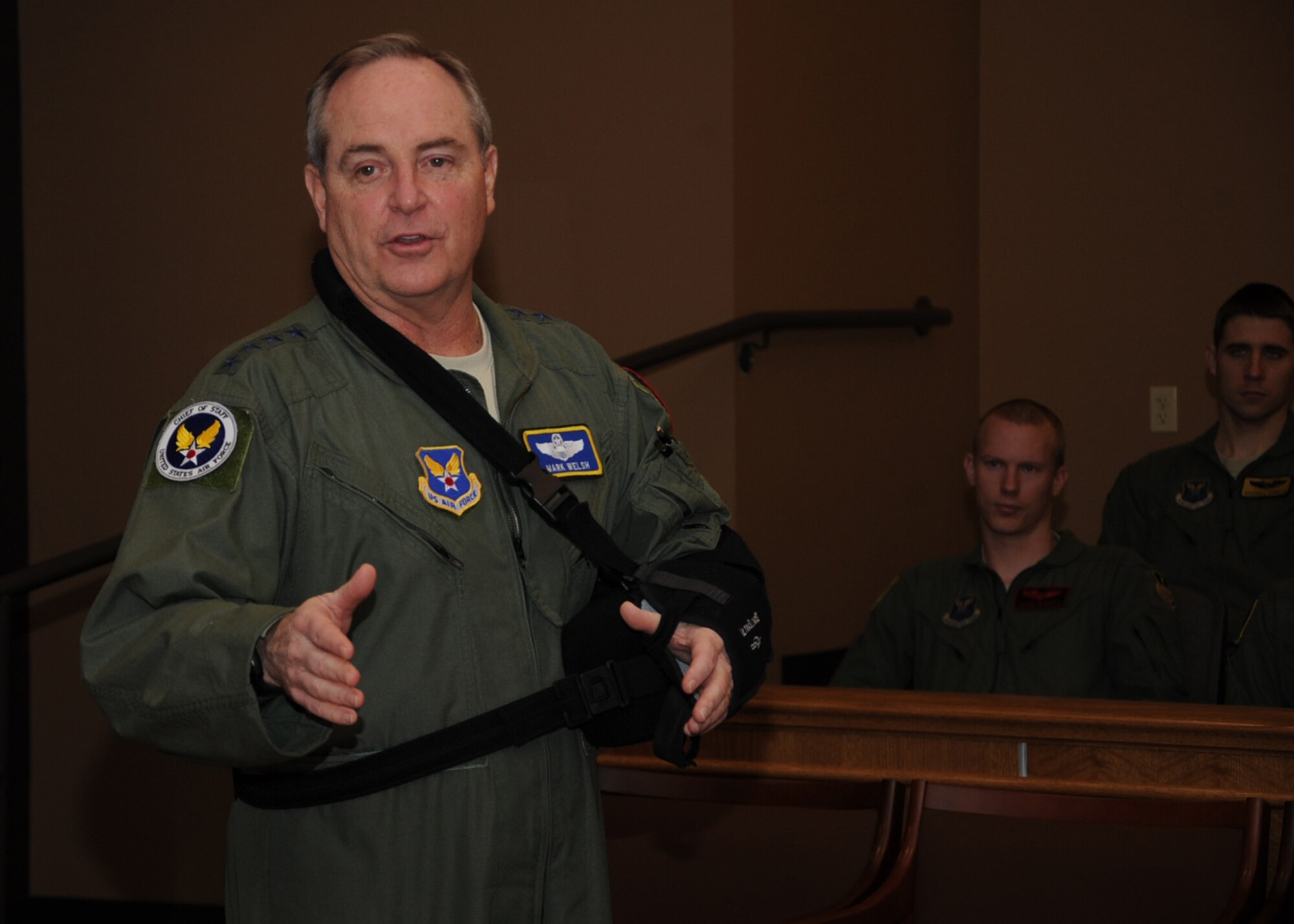BARKSDALE AIR FORCE BASE, La. 
Air Force Chief of Staff Gen. Mark A. Welsh III speaks with aircrew at the
Integrated Operations Center on Barksdale Air Force Base, La., Jan. 23,
2014. Welsh came to Barksdale as part of a multi-base visit to talk to
Airmen from Air Force Global Strike Command. (U.S. Air Force photo/Staff
Sgt. Sean Martin) 

