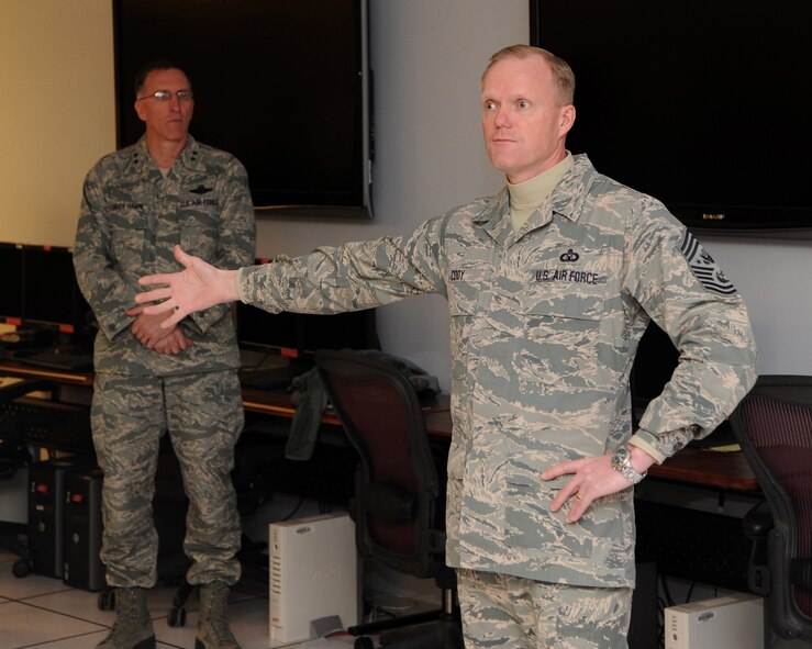 Chief Master Sgt. of the Air Force James A. Cody speaks with Airmen from the 608th Air Operations Center on Barksdale Air Force Base, La., Jan. 23, 2014. Cody met with Airmen to share his views on the challenges and opportunities in today?s Air Force. (U.S. Air Force photo/Senior Airman Joseph A. Pagan Jr.)