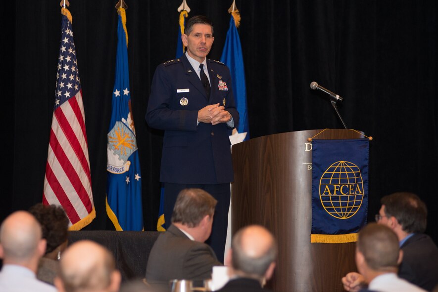 U.S. Air Force Lt. Gen. C.D. Moore II, Life Cycle Management Center commander, provides an update on the center during the 2014 "State of LCMC" address in Bedford, Mass., Jan. 24. The commander spoke on the progress of LCMC, its successes and his vision, expectations for the future. (U.S. Air Force photo by Rick Berry)