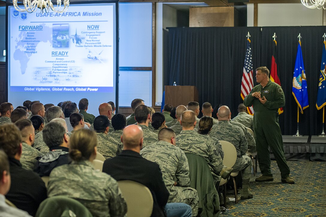 Gen. Frank Gorenc, U.S. Air Forces in Europe and Air Forces Africa commander, addresses members of his command staff during an all call at Ramstein Air Base, Germany, Jan. 24, 2014. Topics for the commander’s call included the importance of forward basing, maintaining professional environments, and personal responsibility. (U.S. Air Force photo/Tech. Sgt. Benjamin Wilson)