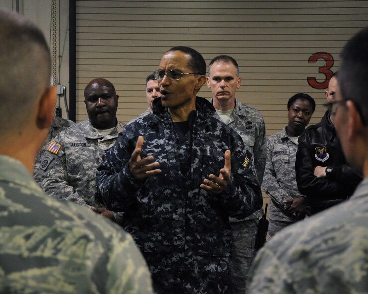 Adm. Cecil D. Haney, U.S. Strategic Command commander, speaks with Airmen from the 2nd Maintenance Group on Barksdale Air Force Base, La., Jan. 23, 2014. Haney's travel to Barksdale was the latest stop in a series of ongoing visits to bases with nuclear deterrent forces. Admiral Haney observed training and operations and met with personnel, discussing the importance of the triad and thanking Airmen for their service and contributions to our nation's nuclear deterrence mission.   (U.S. Air Force photo/Staff Sgt. Sean Martin)

