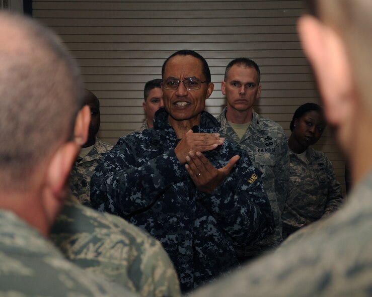 Adm. Cecil D. Haney, U.S. Strategic Command commander, speaks with Airmen from the 2nd Maintenance Group on Barksdale Air Force Base, La., Jan. 23, 2014. Haney's travel to Barksdale was the latest stop in a series of ongoing visits to bases with nuclear deterrent forces. Admiral Haney observed training and operations and met with personnel, discussing the importance of the triad and thanking Airmen for their service and contributions to our nation's nuclear deterrence mission.   (U.S. Air Force photo/Staff Sgt. Sean Martin)

