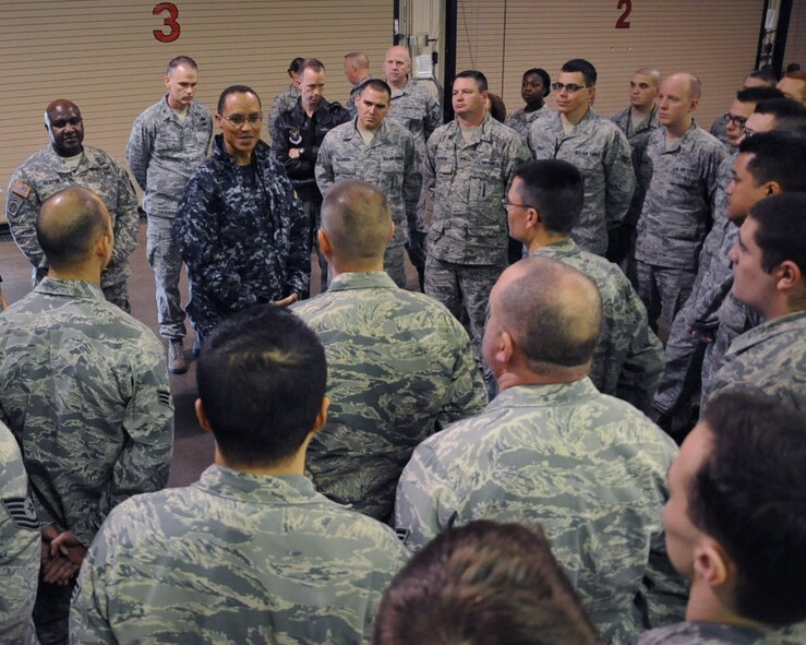 Adm. Cecil D. Haney, U.S. Strategic Command commander, spoke with Airmen from the 2nd Maintenance Group during a recent visit on Barksdale Air Force Base, La., Jan. 23, 2014. Haney's travel to Barksdale was the latest stop in a series of ongoing visits to bases with nuclear deterrent forces. Admiral Haney observed training and operations and met with personnel, discussing the importance of the triad and thanking Airmen for their service and contributions to our nation's nuclear deterrence mission.  (U.S. Air Force photo/Staff Sgt. Sean Martin)

