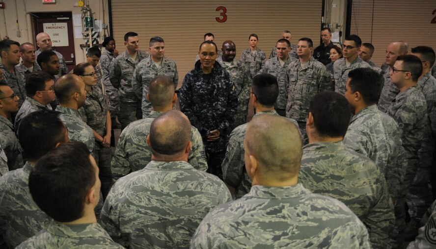 Adm. Cecil D. Haney, U.S. Strategic Command commander, speaks with Airmen from the 2nd Maintenance Group on Barksdale Air Force Base, La., Jan. 23, 2014. Haney's travel to Barksdale was the latest stop in a series of ongoing visits to bases with nuclear deterrent forces. Admiral Haney observed training and operations and met with personnel, discussing the importance of the triad and thanking Airmen for their service and contributions to our nation's nuclear deterrence mission.  (U.S. Air Force photo/Staff Sgt. Sean Martin)

