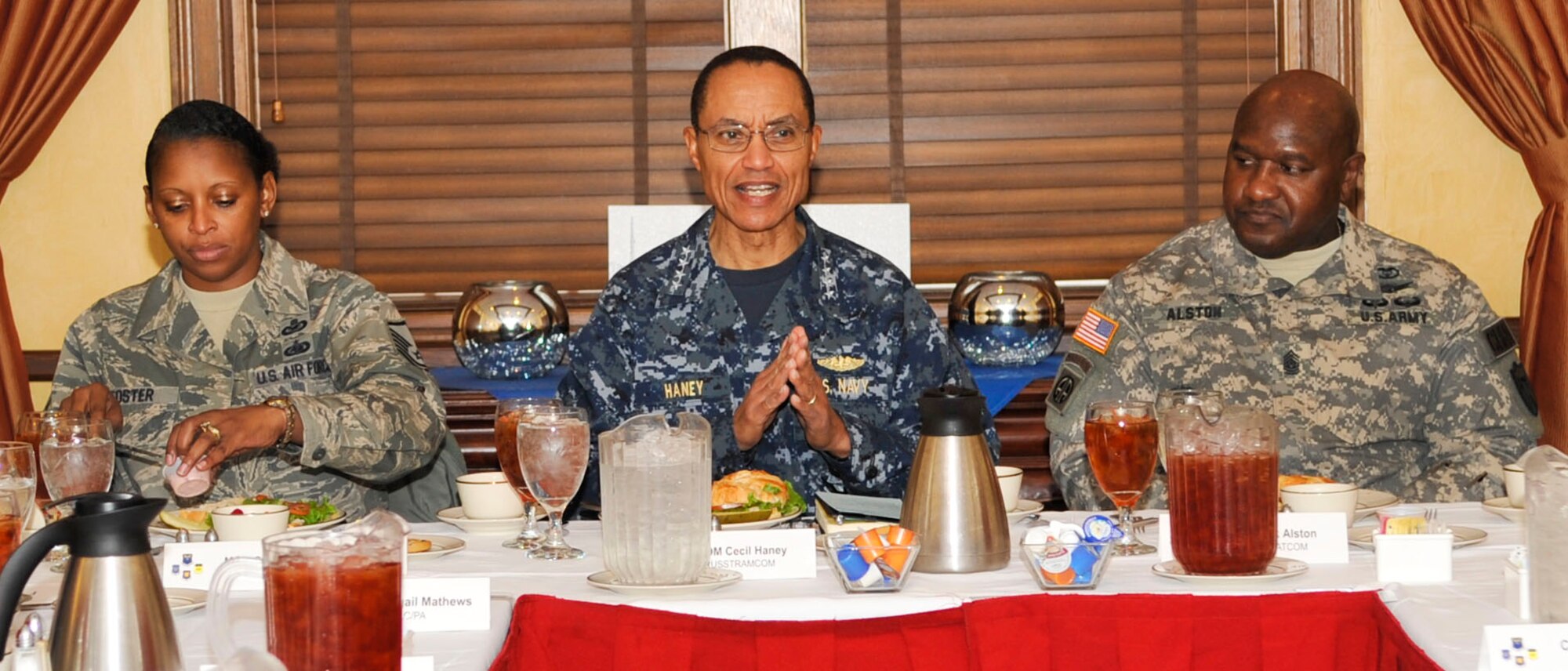 Adm. Cecil D. Haney, U.S. Strategic Command commander, accompanied by Command Sgt. Major Patrick Alston, U. S. Strategic Command senior enlisted leader, speaks with Airmen during a lunch at the Barksdale Club on Barksdale Air Force Base, La., Jan. 23, 2014. Haney met with Airmen to share his views on the challenges and opportunities in today's Air Force and to emphasize the important role the Airmen of Barksdale play in the nuclear deterrent mission (U.S. Air Force photo/Airman 1st Class Benjamin Raughton)


