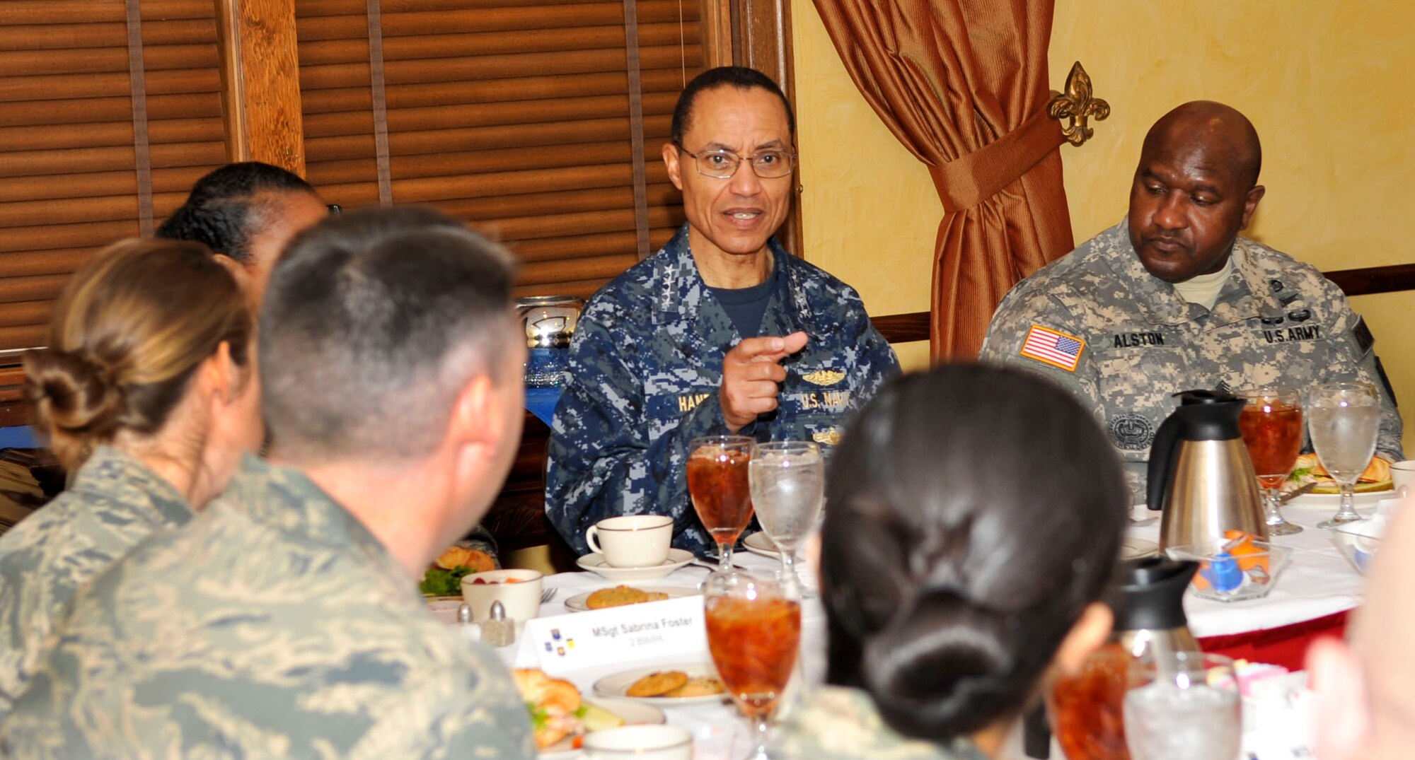 Adm. Cecil D. Haney, U.S. Strategic Command commander speaks with Airmen during a lunch at the Barksdale Club on Barksdale Air Force Base, La., Jan. 23, 2014. Haney met with Airmen to share his views on the challenges and opportunities in today's Air Force Force and to emphasize the important role the Airmen of Barksdale play in the nuclear deterrent mission. (U.S. Air Force photo/Airman 1st Class Benjamin Raughton)



