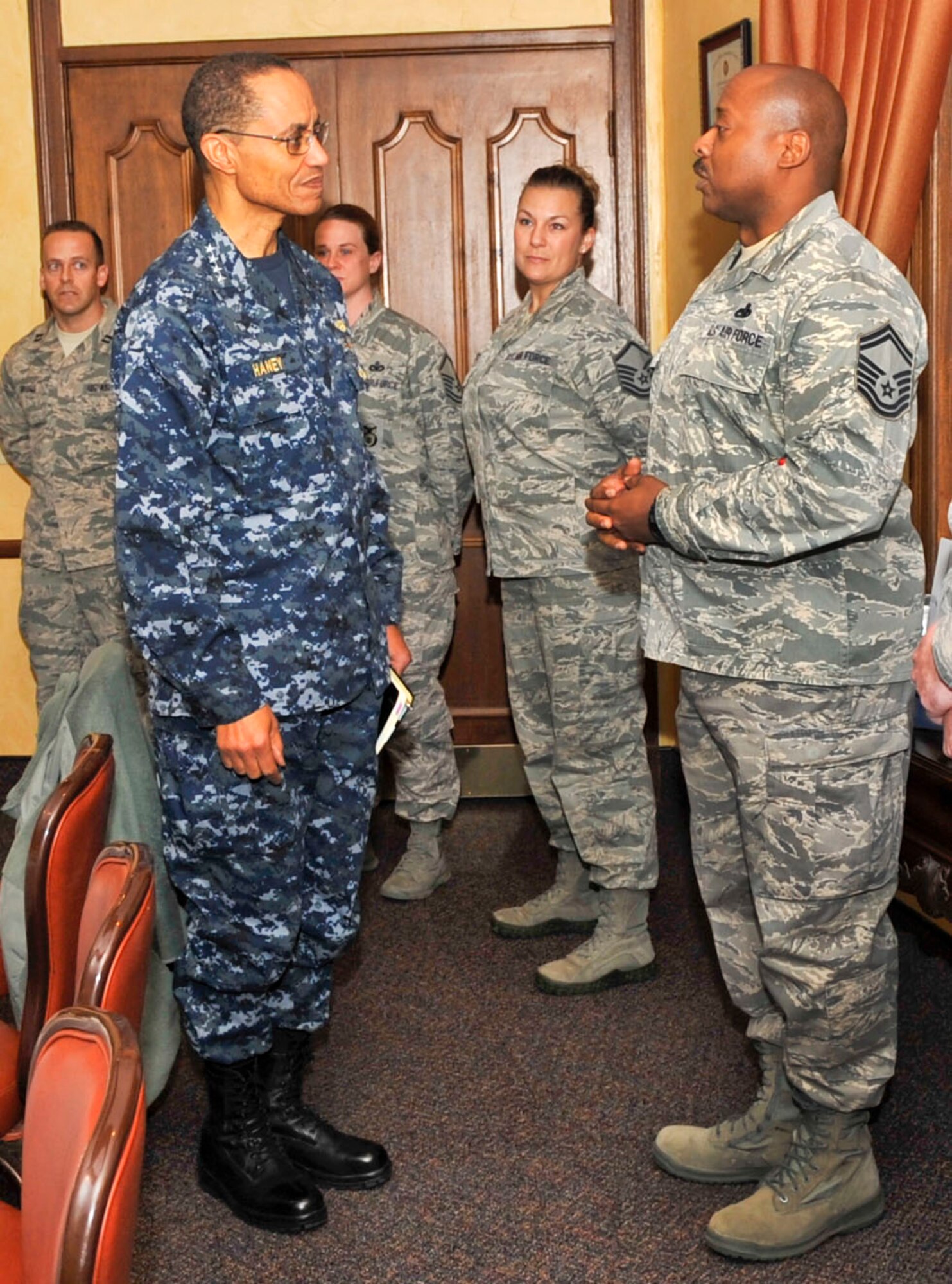 Adm. Cecil D. Haney, U.S. Strategic Command commander, speaks with Senior Master Sgt. Donald Simmons during a luncheon at the Barksdale Club on Barksdale Air Force Base, La., Jan. 23, 2014. Haney met with Airmen to share his views on the challenges and opportunities in today's Air Force Force and to emphasize the important role the Airmen of Barksdale play in the nuclear deterrent mission . (U.S. Air Force photo/Airman 1st Class Benjamin Raughton)


