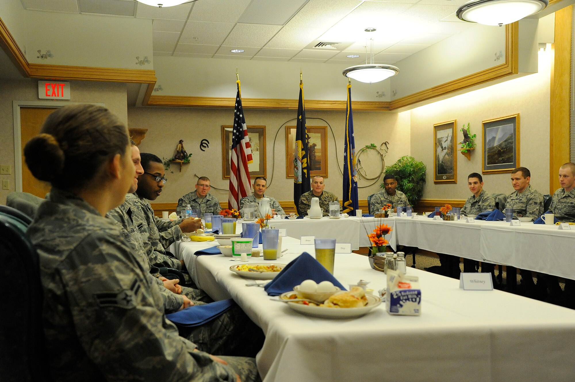 Sgt. Maj. Bryan Battaglia, Senior Enlisted Advisor to the Chairman of the Joint Chiefs of Staff, speaks with Airmen during breakfast at Malmstrom’s Elkhorn Dining Facility on Jan. 16. During the breakfast, Battaglia addressed questions Airmen had pertaining to recent changes within the Air Force structure and explained what is being done to make force shaping as smooth as possible. (U.S. Air Force photo/Airman 1st Class Collin Schmidt)
