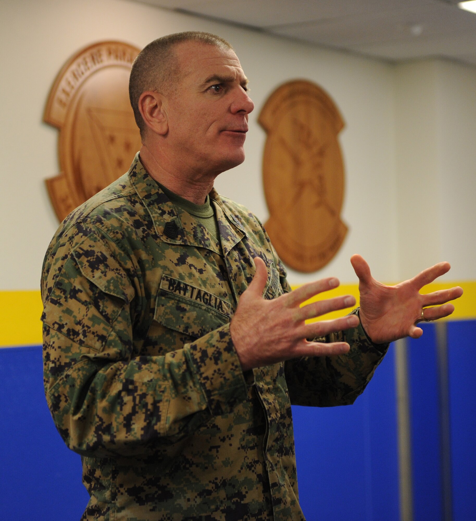Marine Corps Sgt. Maj. Bryan B. Battaglia, the senior enlisted advisor to the chairman of the Joint Chiefs of Staff, talks to 341st Security Forces Squadron members during Guardmount Jan. 16. Battaglia visited Malmstrom Air Force Base Jan. 15 to 18 to meet with enlisted Airmen and their families, and Great Falls community members. (U.S. Air force photo/Senior Airman Katrina Heikkinen)