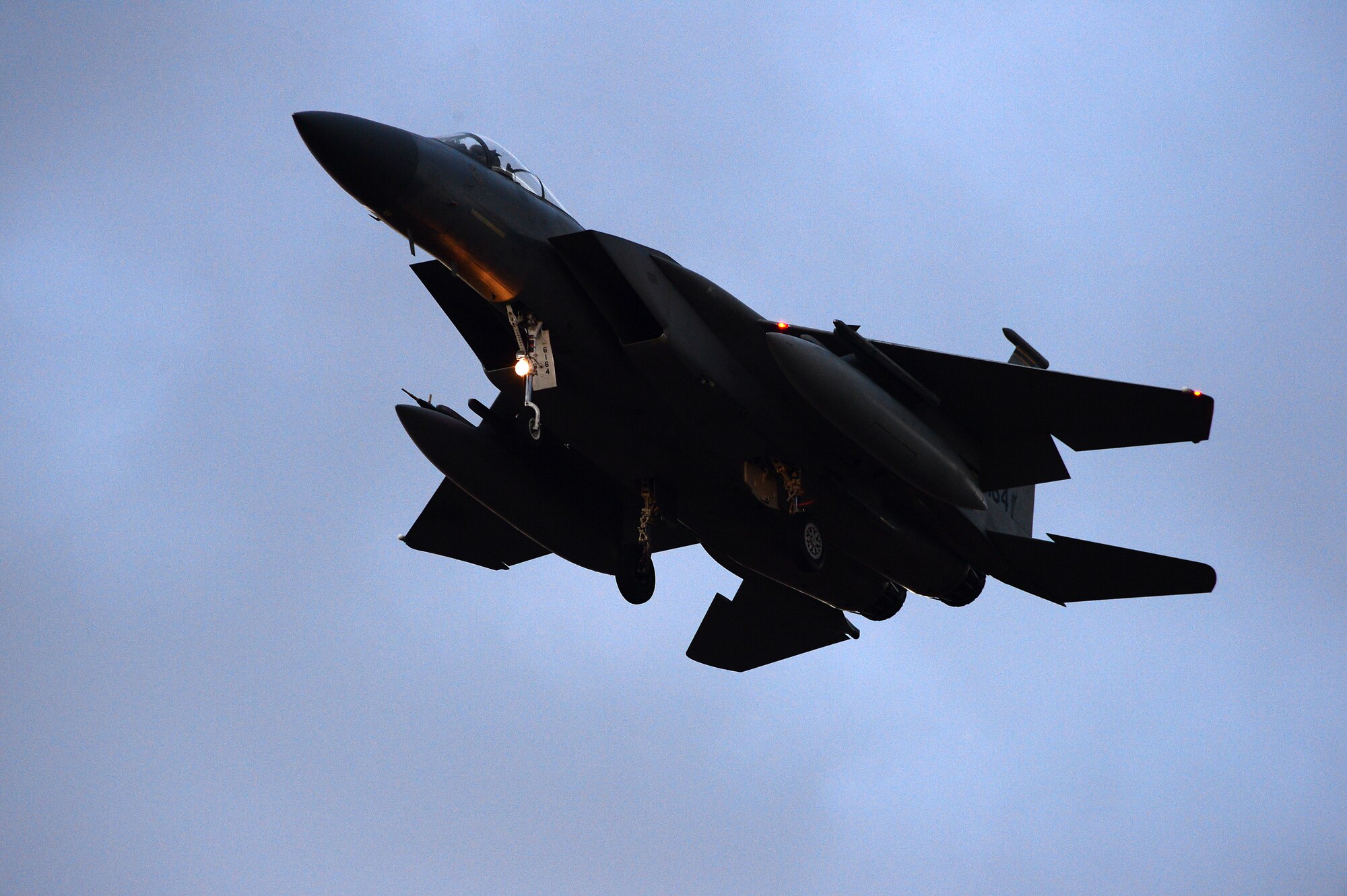 An F-15C Eagle prepares to land following a training sortie during the Tactical Leadership Program at Albacete Air Base, Spain, Jan. 22, 2014. The 493rd Fighter Squadron from Royal Air Force Lakenheath, England is participating in the multi-national program, which develops key leadership and mission-planning skills needed for NATO operations. More than 90 Airmen from the Liberty Wing joined with partners from Spain, France, Germany, Italy, Netherlands and Portugal for this year's TLP. (U.S. Air Force photo by Master Sgt. Lee Osberry/Released)