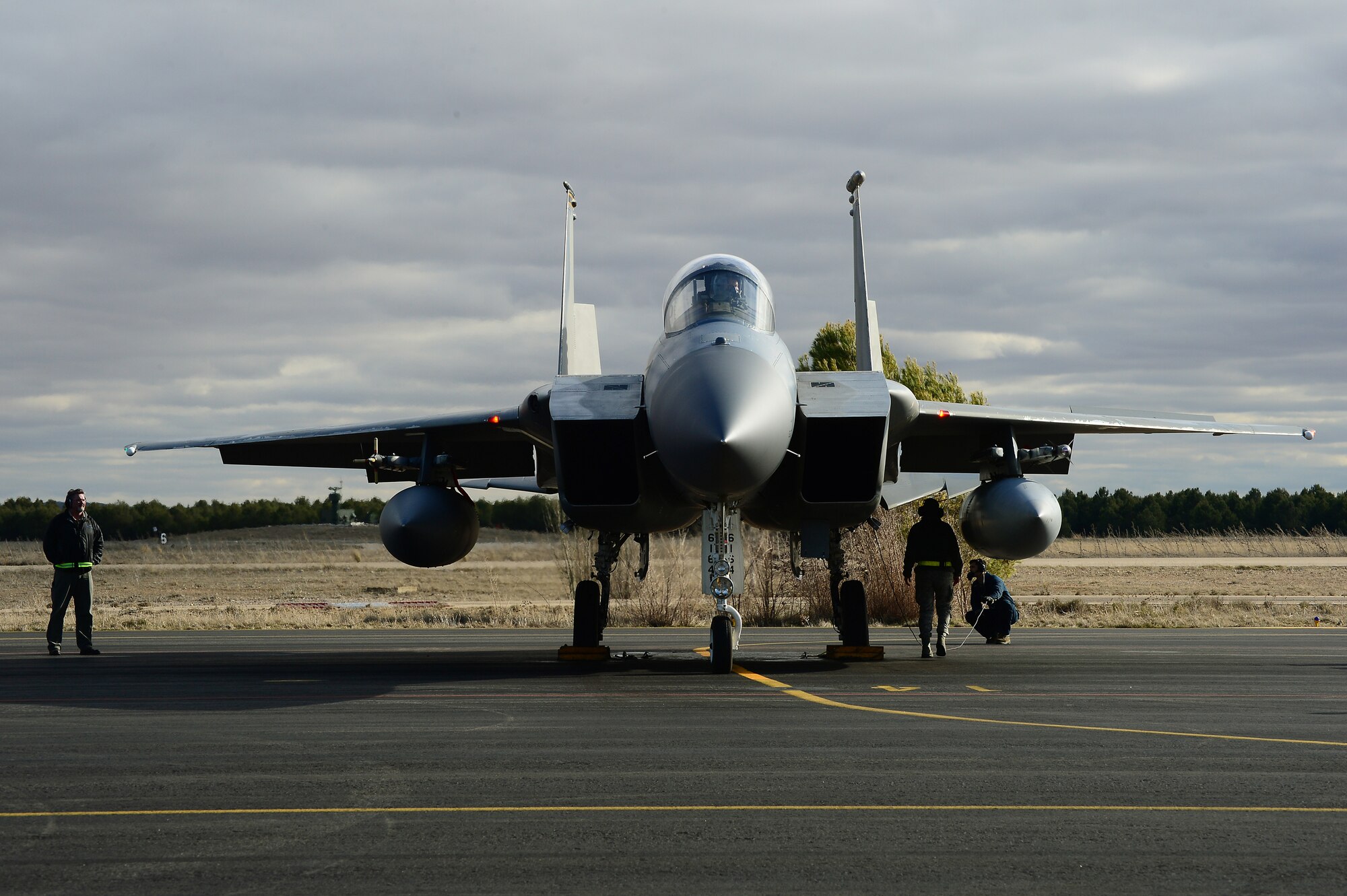 An F-15C Eagle prepares for a training sortie during the Tactical Leadership Program at Albacete Air Base, Spain, Jan. 21, 2014. The 493rd Fighter Squadron from Royal Air Force Lakenheath, England is participating in the multi-national program, which develops key leadership and mission-planning skills needed for NATO operations. More than 90 Airmen from the Liberty Wing joined with partners from Spain, France, Germany, Italy, Netherlands and Portugal for this year's TLP. (U.S. Air Force photo by Master Sgt. Lee Osberry/Released)