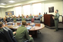 Air Force Col. Ken Frollini (right), Air Education and Training Command inspector general, briefs members of the 12th FTW staff Jan. 15 during the 12th FTW 2014 Headquarters AETC Combined Unit Inspection. (U.S. Air Force photo by Melissa Peterson)