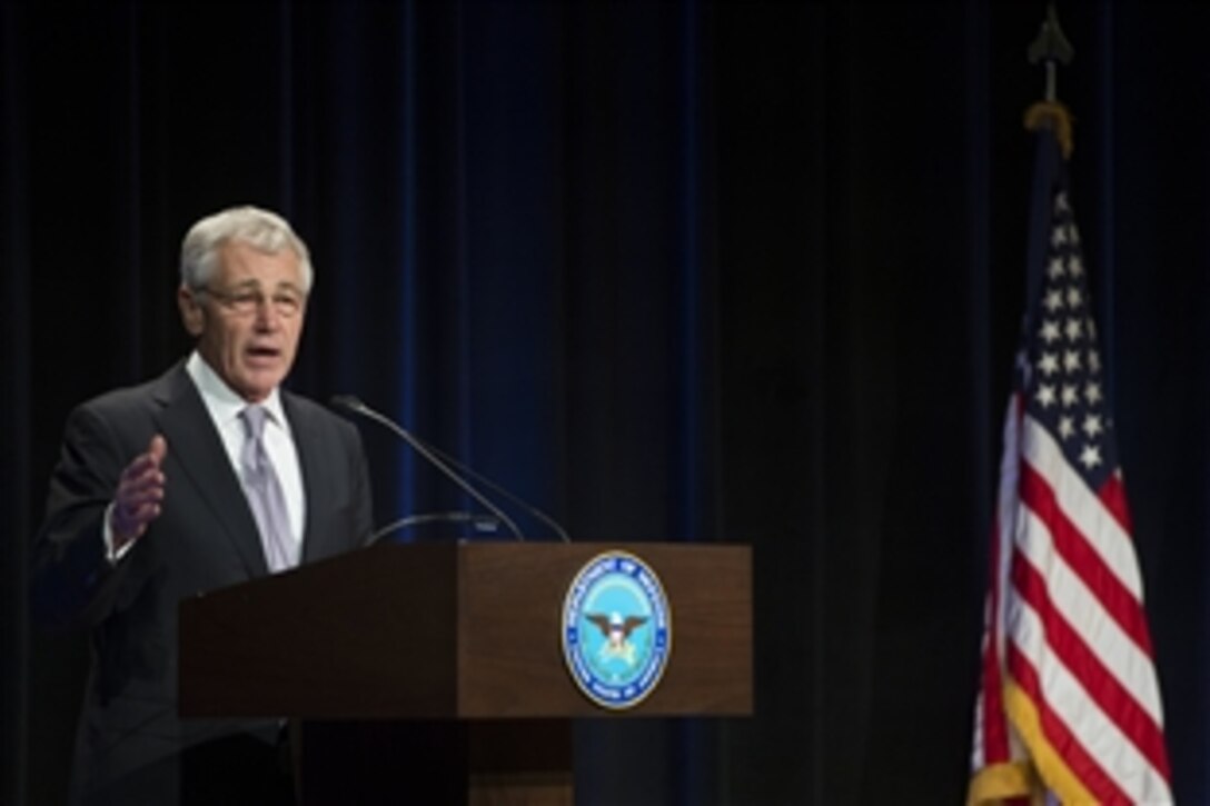 Defense Secretary Chuck Hagel makes remarks during the welcome ceremony for Air Force Secretary Deborah Lee James at the Pentagon, Jan. 24, 2014. James serves as the 23rd secretary.