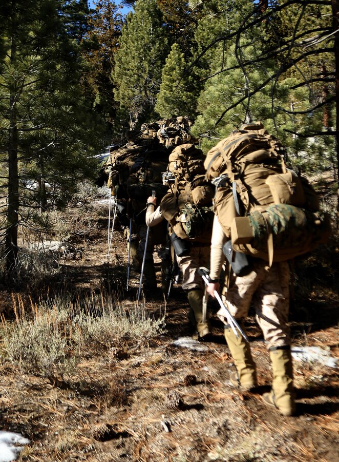 Marines with 2nd Battalion, 2nd Marine Regiment, 2nd Marine Division, set off on a grueling hike, with 90 pound packs, at the Marine Corps Mountain Warfare Training Center in Bridgeport, Calif. To gain an expeditionary mindset the Marines and Sailors of 2nd Battalion, 2nd Marines and Ragnarok Co., 2nd Marine Logistics Company, conducted a 10-day field exercise, which consisted of long range day and night foot movement through extremely rugged terrain with drastic elevation changes and tested the Marines’ endurance.