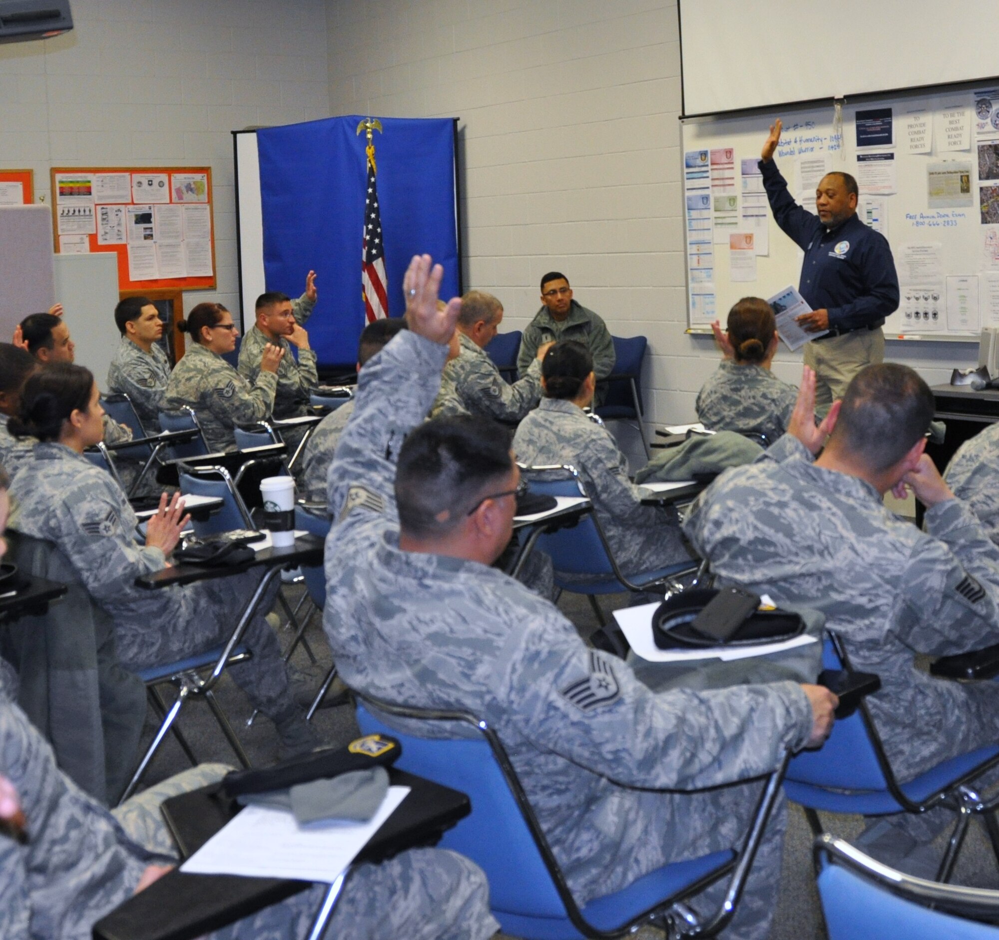 “How many of you have deployed?” Ernest Farmer, Outreach Specialist with the Psychological Health Advocacy Program, asked Security Forces members.  The former Active Duty Airmen, told the Airmen about  the free and confidential program  being offered by AFRC.(U.S. Air Force Photo by Tech. Sgt. Carlos J. Trevino)