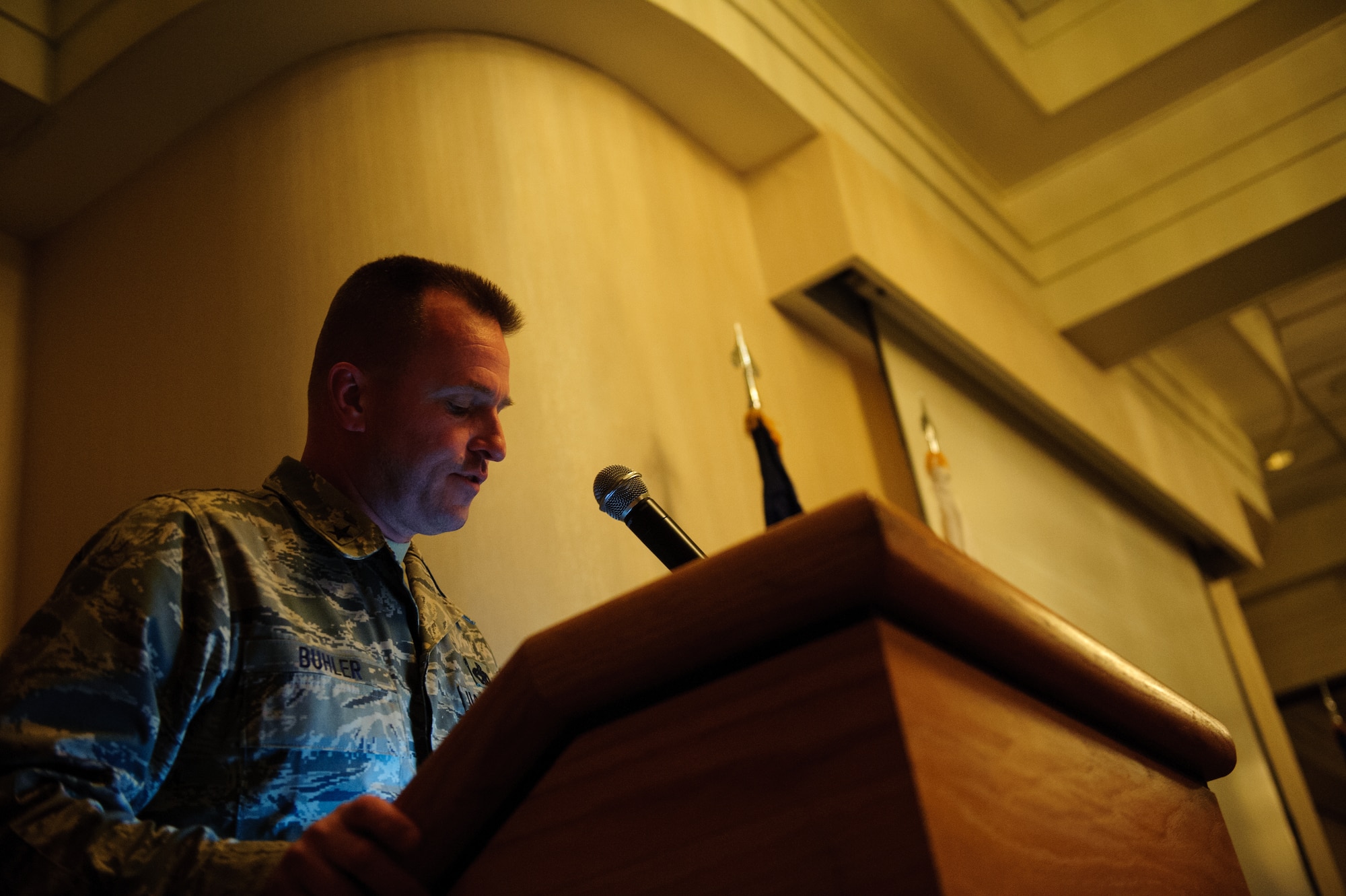 Brig. Gen. Carl Buhler, Pacific Air Forces logistics director, gives the keynote speech during the Maintenance Professional of the Year banquet at Kunsan Air Base, Republic of Korea, Jan. 23, 2014. The MPOY banquet recognizes the achievements of the maintenance group and honors maintenance professionals each year. (U.S. Air Force photo by Senior Airman Armando A. Schwier-Morales/ Released)