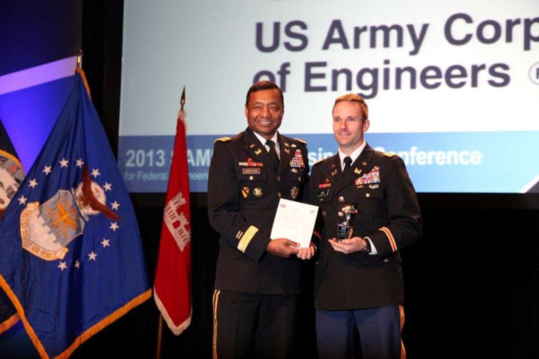Charleston District Commander Lt. Col. John Litz accepted an award from USACE Chief of Engineers Lt. Gen. Thomas Bostick on behalf of the Charleston District at the Society of American Military Engineers (SAME) Small Business Conference. The award was for awarding more than $4.3 million in contracts to AbilityOne nonprofit agencies. AbilityOne ensures that people who are blind or living with significant disabilities can achieve their maximum employment potential, especially our Wounded Warriors.