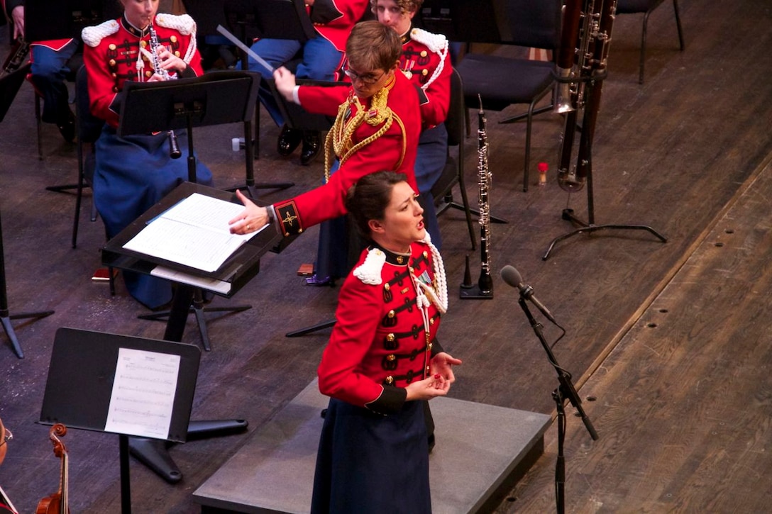 On Jan. 26, the U.S. Marine Band performed a concert in honor of Richard Strauss’s 150th birthday at the Rachel M. Schlesinger Center in Alexandria, Va. Mezzo-soprano Gunnery Sgt. Sara Dell'Omo performed “Cäcilie” and “Morgen!” from Four Lieder, Opus 27. (U.S. Marine Corps photo by Gunnery Sgt. Amanda Simmons/released)