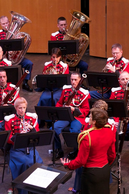 On Jan. 26, the U.S. Marine Band performed a concert in honor of Richard Strauss’s 150th birthday at the Rachel M. Schlesinger Center in Alexandria, Va. The program was conducted by Assistant Director Capt. Michelle A. Rakers. (U.S. Marine Corps photo by Gunnery Sgt. Amanda Simmons/released)