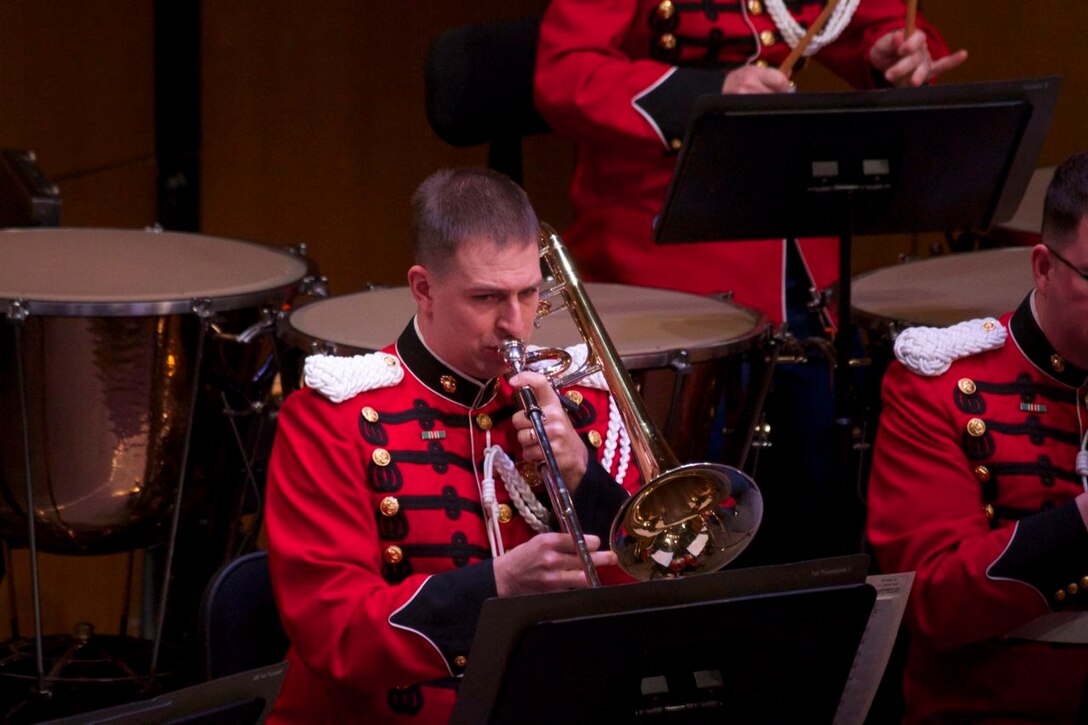 On Jan. 26, the U.S. Marine Band performed a concert in honor of Richard Strauss’s 150th birthday at the Rachel M. Schlesinger Center in Alexandria, Va. Pictured, principal trombone Gunnery Sgt. Samuel Barlow. (U.S. Marine Corps photo by Gunnery Sgt. Amanda Simmons/released)