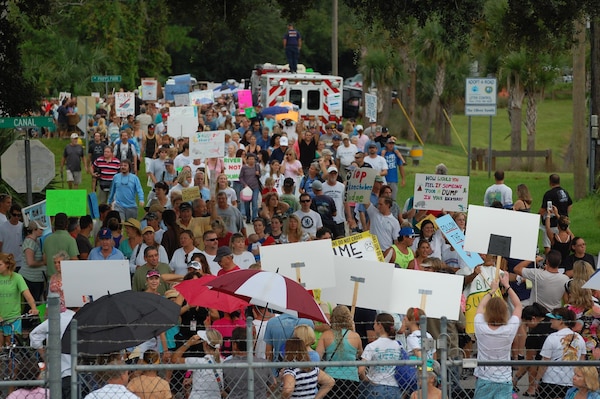 An estimated 5,000 protesters march near the St. Lucie Lock August 3 to demonstrate opposition to water releases from Lake Okeechobee. Jacksonville District’s Operations Division released water from the lake throughout the summer in response to heavy precipitation that fell from April to July in the Lake Okeechobee watershed.