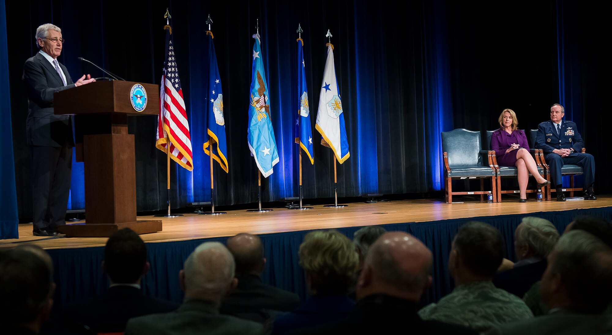 Defense Secretary Chuck Hagel, left, gives his remarks prior to ceremoniously swearing-in Deborah Lee James, second from right, as the 23rd secretary of the Air Force,during a ceremony in the Pentagon, Washington, D.C., Jan. 24, 2014. Seated next to James is Air Force Chief of Staff Gen. Mark A. Welsh III.  (U.S. Air Force photo/Jim Varhegyi)